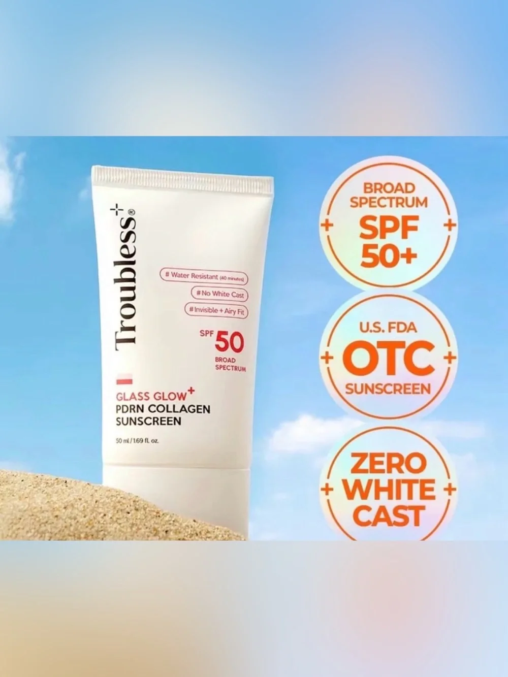 NIB Troubless GLASS GLOW+ PDRN Collagen Sunscreen SPF 50